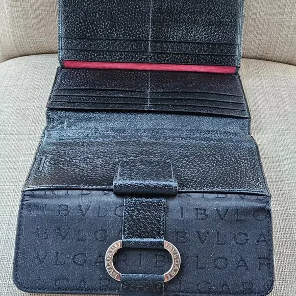 BVLGARI Clutch Long Wallet Card Holder Black Leather/Canvas Bag Purse Made Italy - Picture 12 of 14